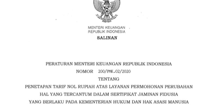PMK 200/2020, Bebas Tarif PNBP untuk Sertifikat Jaminan Fidusia