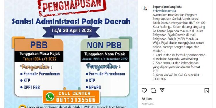 Pemkot Malang Adakan Penghapusan Sanksi Pajak hingga 31 April 2023